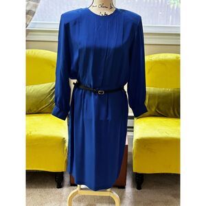 Vintage100% Silk Blue Dress Size 14P by SK & Co. Petite  80/90's